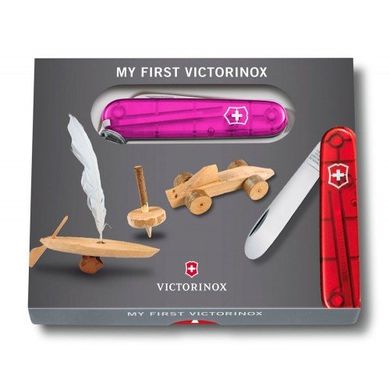 Нож швейцарский Victorinox My First 0.2363.T5, 84мм, 8 функций, розовый + цепочка + шнур, Розовый